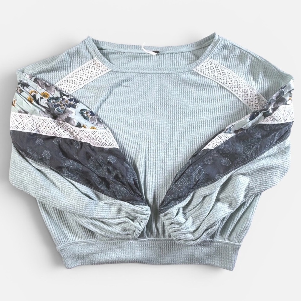 Free People Thermal Top Womens Medium Mint Green Waffle Knit Pullover Boho Lace
